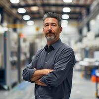 ai gegenereerd Mens staat in fabriek met zijn armen gekruist. foto