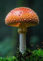 ai gegenereerd amanita muscaria is giftig paddestoel met helder rood kleur en wit vlekken foto