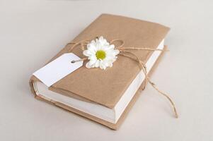 kraft Hoes boek met wit label, geschenk inpakken, top visie, wit label, mockup voor tekst foto