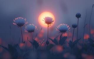ai gegenereerd etherisch kosmos bloemen koesteren in de rooskleurig licht van zonsopkomst foto