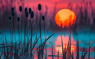 ai gegenereerd de vurig bol van de instelling zon gloeit intens achter aftekenen cattails Bij de water rand foto