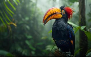 ai gegenereerd een opvallend neushoornvogel met levendig gevederte rust sierlijk Aan een Afdeling foto