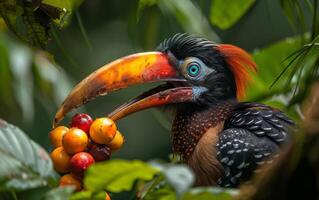 ai gegenereerd detailopname van een neushoorn neushoornvogel tussen gebladerte foto