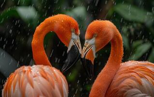 ai gegenereerd flamingo omhelzing in de regen foto