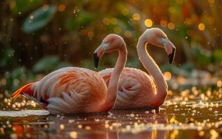 ai gegenereerd sereen flamingo's Bij zonsondergang foto
