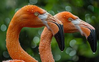 ai gegenereerd door de regen gekust flamingo's foto