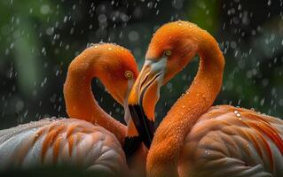 ai gegenereerd intiem flamingo's onder regen foto