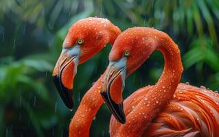 ai gegenereerd door de regen gekust flamingo's foto