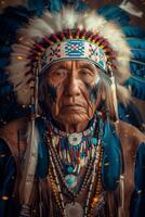ai gegenereerd ouderling inheems Amerikaans in traditioneel kleding foto