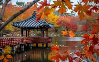 ai gegenereerd herfst kalmte Bij een traditioneel Aziatisch paviljoen foto
