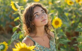 ai gegenereerd sereen vrouw in zonnebloem veld- foto