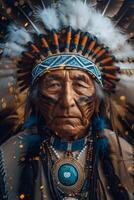 ai gegenereerd ouderling inheems Amerikaans chef in traditioneel kleding foto