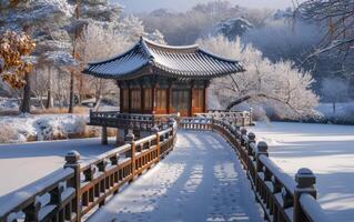 ai gegenereerd een sereen winter tafereel vangt een traditioneel Koreaans pagode deken in sneeuw foto