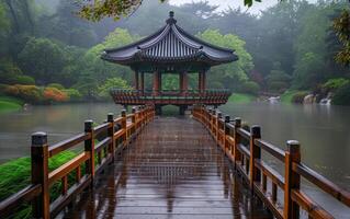 ai gegenereerd sereen oever van het meer paviljoen Aan regenachtig dag foto
