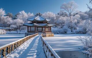 ai gegenereerd een sereen winter tafereel vangt een traditioneel Koreaans pagode deken in sneeuw foto