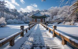 ai gegenereerd een sereen winter tafereel vangt een traditioneel Koreaans pagode deken in sneeuw foto