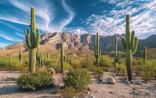 ai gegenereerd hoog saguaro cactussen domineren de woestijn landschap met een backdrop van een berg reeks Bij zonsondergang foto