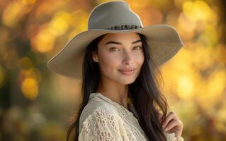 ai gegenereerd gevangen genomen in een gouden herfst gloed, een vrouw met olijfkleurig huid en lang, donker haar- glimlacht subtiel foto