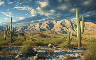 ai gegenereerd hoog saguaro cactussen domineren de woestijn landschap met een backdrop van een berg reeks Bij zonsondergang foto