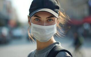 ai gegenereerd een vrouw expressief ogen boeien bovenstaand een gezicht masker, wazig drukte van stad leven in de achtergrond foto