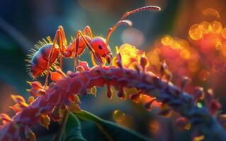 ai gegenereerd een macro fotografie meesterwerk presentatie van een mier reis langs een wazig fabriek stam foto