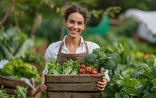 ai gegenereerd een glimlachen vrouw in een tuin, trots Holding een krat van vers geplukt groenten foto