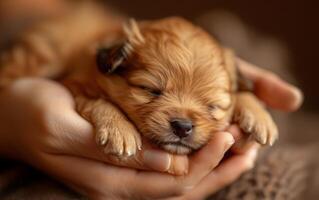 ai gegenereerd een klein, pasgeboren puppy slaapt behaaglijk in de zorgzaam wieg van menselijk handen foto