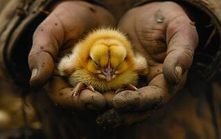 ai gegenereerd inschrijving handen wieg een slapen kuiken, symboliseert zorg en de teder begin van leven temidden van de aardsheid van bodem en werk foto