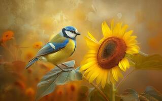 ai gegenereerd deze artistiek beeld Kenmerken een blauw tit prachtig geïntegreerde in een warm, zacht focus achtergrond met levendig zonnebloemen foto