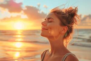 ai gegenereerd een vrouw is glimlachen en op zoek omhoog Bij de zon foto