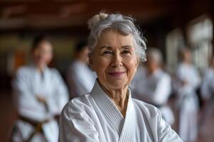 ai gegenereerd een ouder vrouw is aan het doen karate in een groep foto