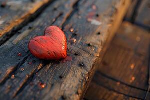 ai gegenereerd helder rood hart Aan oud hout symboliseren tijdloos liefde. zelfs wel zijn oud, het nog steeds looks vers. er is een kopiëren ruimte voor Valentijnsdag dag of bruiloft presentaties. foto