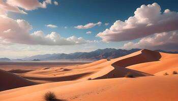 ai gegenereerd een woestijn landschap met zand duinen en wolken foto