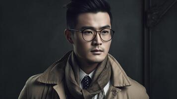 ai gegenereerd portret van mode Aziatisch Mens, vervelend een licht bruin jas, een sjaal, en een donker gekleurd stropdas foto