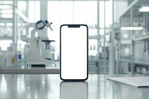 ai gegenereerd blanco scherm smartphone staat in een laboratorium instelling, met wetenschappelijk uitrusting in zacht focus achter foto