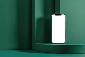 ai gegenereerd een smartphone staat Aan een donker groen gebogen oppervlak, weergeven een blanco scherm voor mockups foto