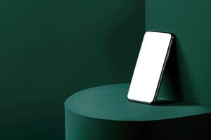 ai gegenereerd een smartphone staat Aan een donker groen gebogen oppervlak, weergeven een blanco scherm voor mockups foto