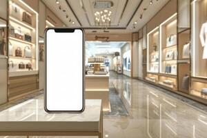 ai gegenereerd blanco scherm smartphone staand Aan een Scherm teller in een luxe op te slaan met warm verlichting en premie decor foto