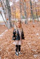 weinig meisje staat onder vallend droog bladeren in de herfst Woud foto