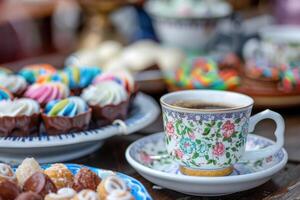 ai gegenereerd Turks koffie en kleurrijk Ramadan eid snoep en chocola, traditioneel poef keuken desserts foto