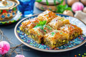 ai gegenereerd Turks baklava met pistache in kleurrijk Ramadan bayram snoep, traditioneel poef snoep foto