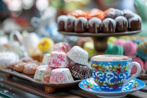 ai gegenereerd Turks koffie en kleurrijk Ramadan eid snoep en chocola, traditioneel poef keuken desserts foto