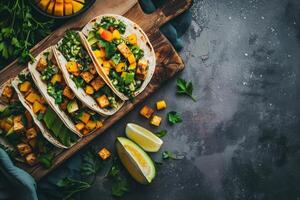 ai gegenereerd Mexicaans mango avocado taco's. tofu, gegrild kip, tomaat salsa saus, ui in maïs tortilla foto