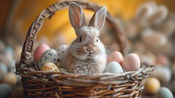 ai gegenereerd schattig wit Pasen konijn binnen een mand omringd door veelkleurig ei. Pasen concept foto