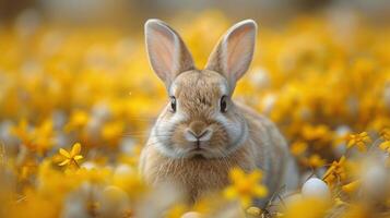 ai gegenereerd schattig Pasen konijn Aan een tuin met geel achtergrond foto