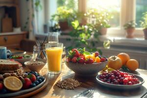 ai gegenereerd een ontbijt tafel met een levendig fruit schaal, oranje sap, en volkoren selecties in een knus huis instelling. generatief ai. foto