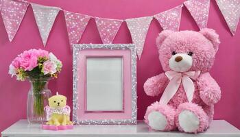 ai gegenereerd roze teddy beer Daarnaast een roze foto kader in roze achtergrond Aan top van een tafel