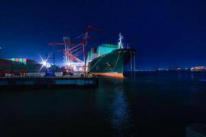 nacht kranen in de buurt de houder haven in tokyo breed schot foto