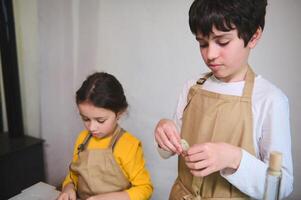 lief tiener- jongen vulling deeg met gepureerd aardappel, beeldhouwen knoedel , staand in de huis keuken interieur foto