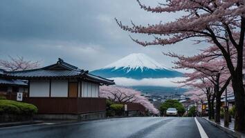 ai gegenereerd pittoreske Japans straat versierd met bloeiend sakura bomen met de majestueus backdrop van monteren fuji foto